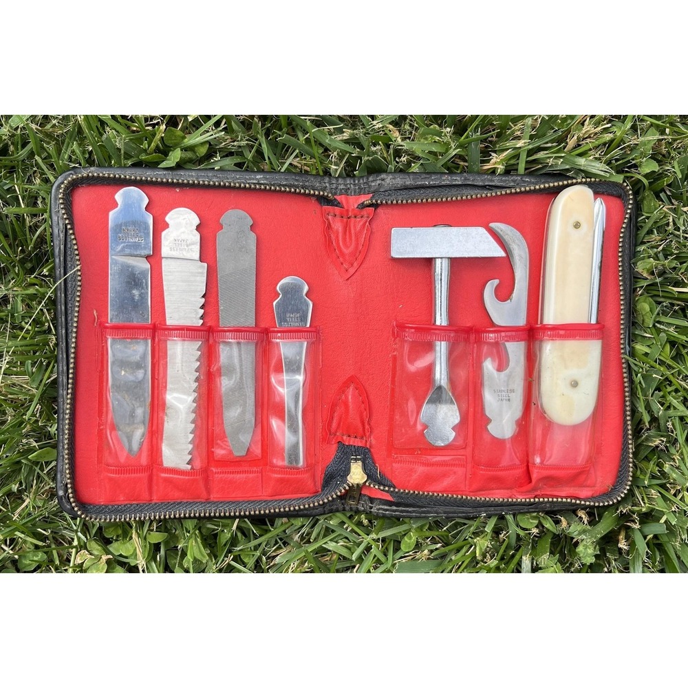 Vintage Niwa 8 Piece Stainless Steel Tool Set Hammer Knife Japan Case Black